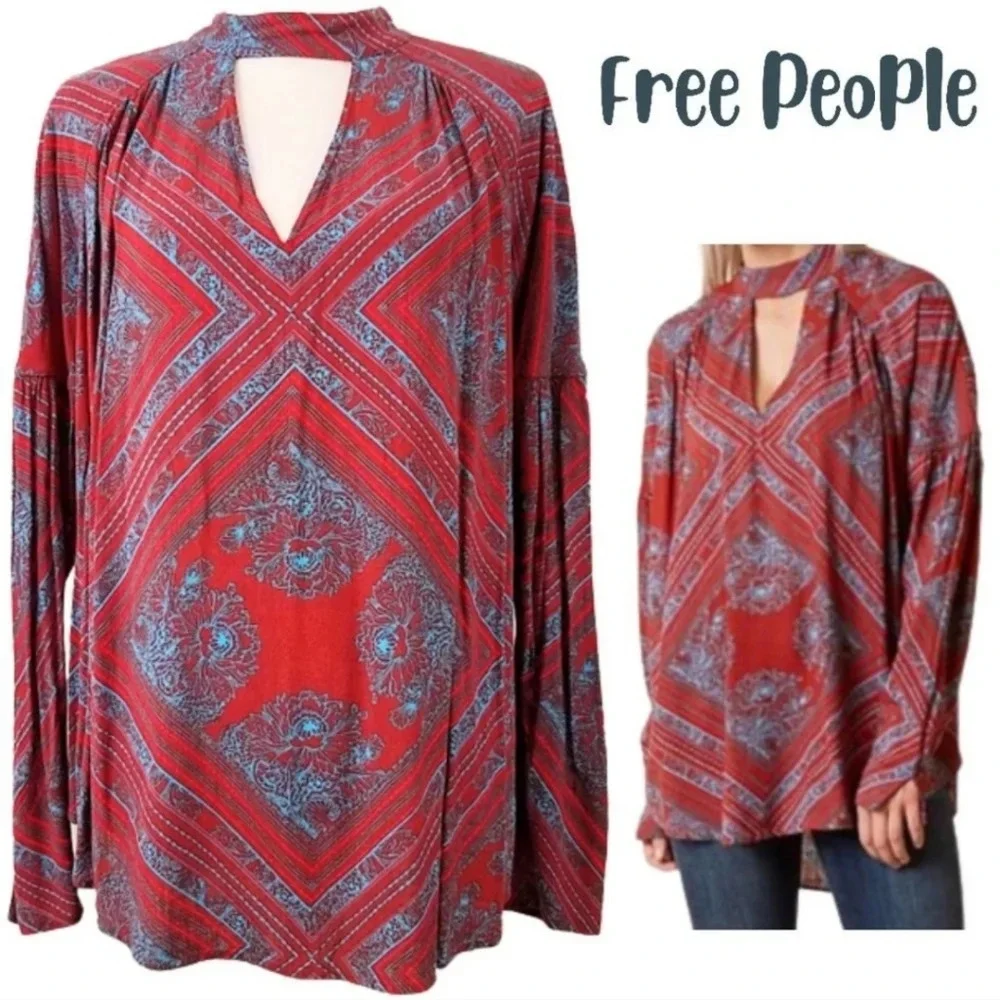 FREE PEOPLE Red & Blue Women's Walking On A Dream Floral Tunic Blouse Women's XS